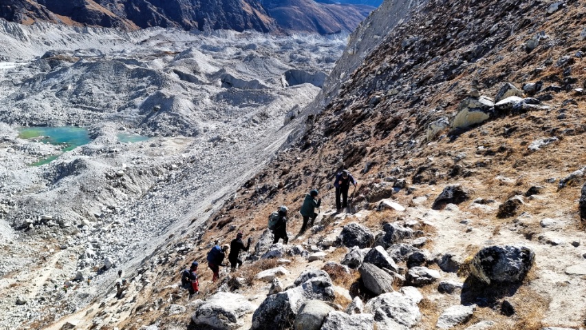 Oversteken Ngozumpa gletsjer, Everest